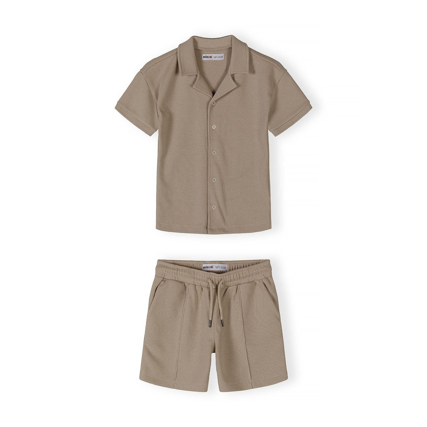 Back view of taupe waffle cotton shirt showing textured fabric and classic collar detail on white background