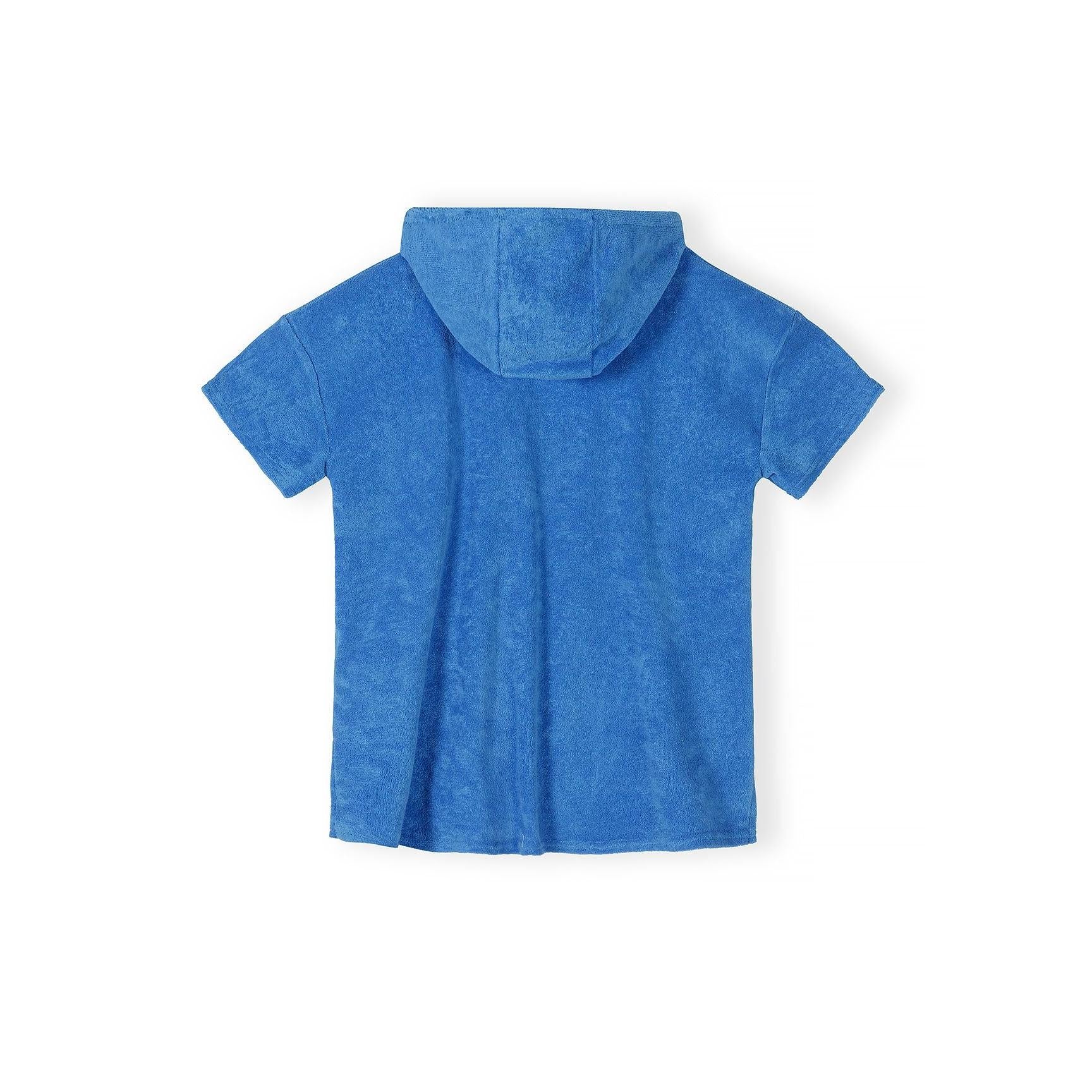 Back view of blue hooded towelling cover-up showing plain rear design and hood detail on white background
