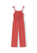 Red floral sleeveless jumpsuit with adjustable shoulder ties, featuring a comfortable and breathable design for kids.