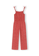 Red breathable floral jumpsuit for girls with adjustable tie straps and wide-leg design for comfort.
