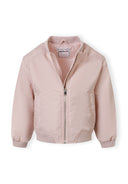 Girls lightweight pink bomber jacket, front view with zip and ribbed collar.