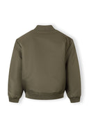 Back view of a lightweight khaki kids bomber jacket with ribbed cuffs and hem, showcasing a simple design.
