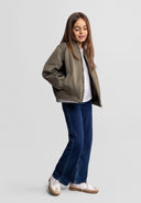 Girls lightweight khaki bomber jacket, front view, features elasticated cuffs and full-length zip.