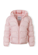 Girls pink hooded jacket, front view, features full-length zip and quilted design.