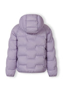 Back view of a purple lightweight nylon jacket with hood, featuring a padded, quilted design for kids.