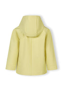 Back view of a bright yellow waterproof girls jacket with adjustable hood designed for comfort and protection.