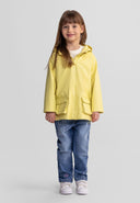 Girls bright yellow waterproof jacket with adjustable hood, front view, featuring two pockets.