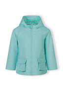 Mint waterproof jacket for girls with hood, adjustable cuffs, and functional front pockets, featuring a stylish striped lining design