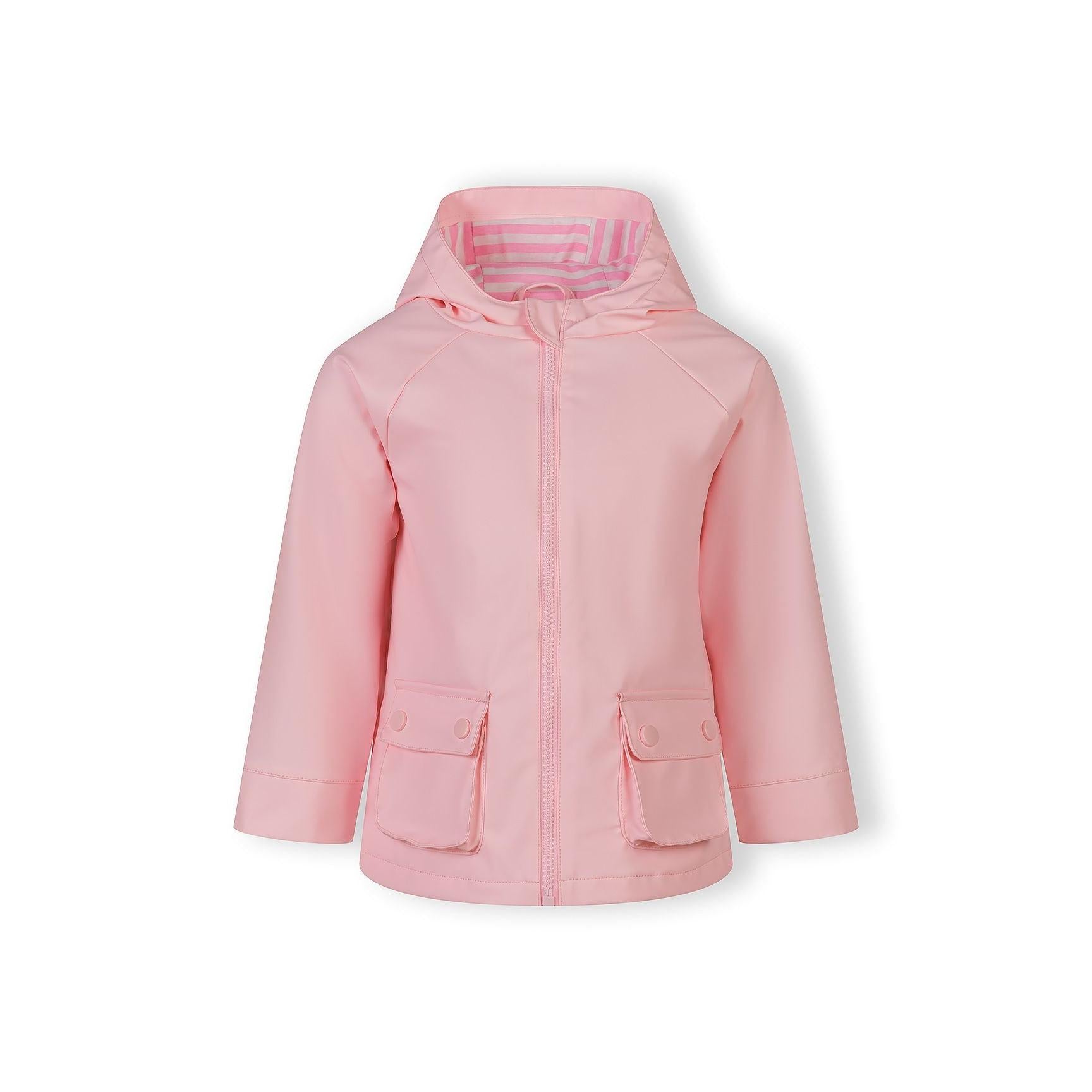 Pink rain jacket laid flat showing front view with hood down, full-length zip, and two chest pockets with button flaps on clean white background