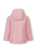 Back view of a pink kids waterproof jacket with hood, featuring a simple and functional design for active children.