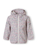 Girls softshell wind resistant jacket with floral off white design, featuring a hood and front zipper closure.
