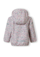 Back view of a girls’ wind-resistant jacket with softshell fabric and delicate floral design in pastel colors