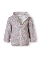Girls softshell jacket with delicate floral design in soft off-white, designed for wind resistance and comfort.