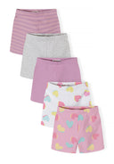 Five lilac cycle shorts for girls, featuring heart and stripe prints, elasticated waistband.