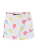 Soft cotton girls cycle shorts with colorful heart design in pastel pink, blue, and yellow for kids.