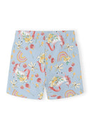 Blue kids bicycle shorts with colorful unicorn, rainbow, flower, and ladybug print design