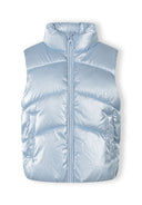 Metallic light blue quilted waistcoat for girls with stand collar, zip fastening, and side pockets, stylish kids fashion design.