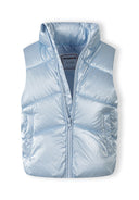 Girls quilted waistcoat in metallic light blue, front view with zip and side pockets.