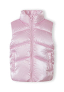 Girls padded waistcoat in metallic pink, front view with full-length zip and side pockets.