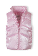 Metallic pink padded waistcoat for girls with zip fastening and side pockets, featuring a stylish and shiny design.