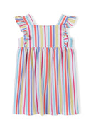 Colorful striped girls dress with fitted waist and playful volant sleeves in a charming kids fashion design