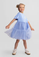 Girls blue jersey dress with layered tulle and crochet flower, front view.