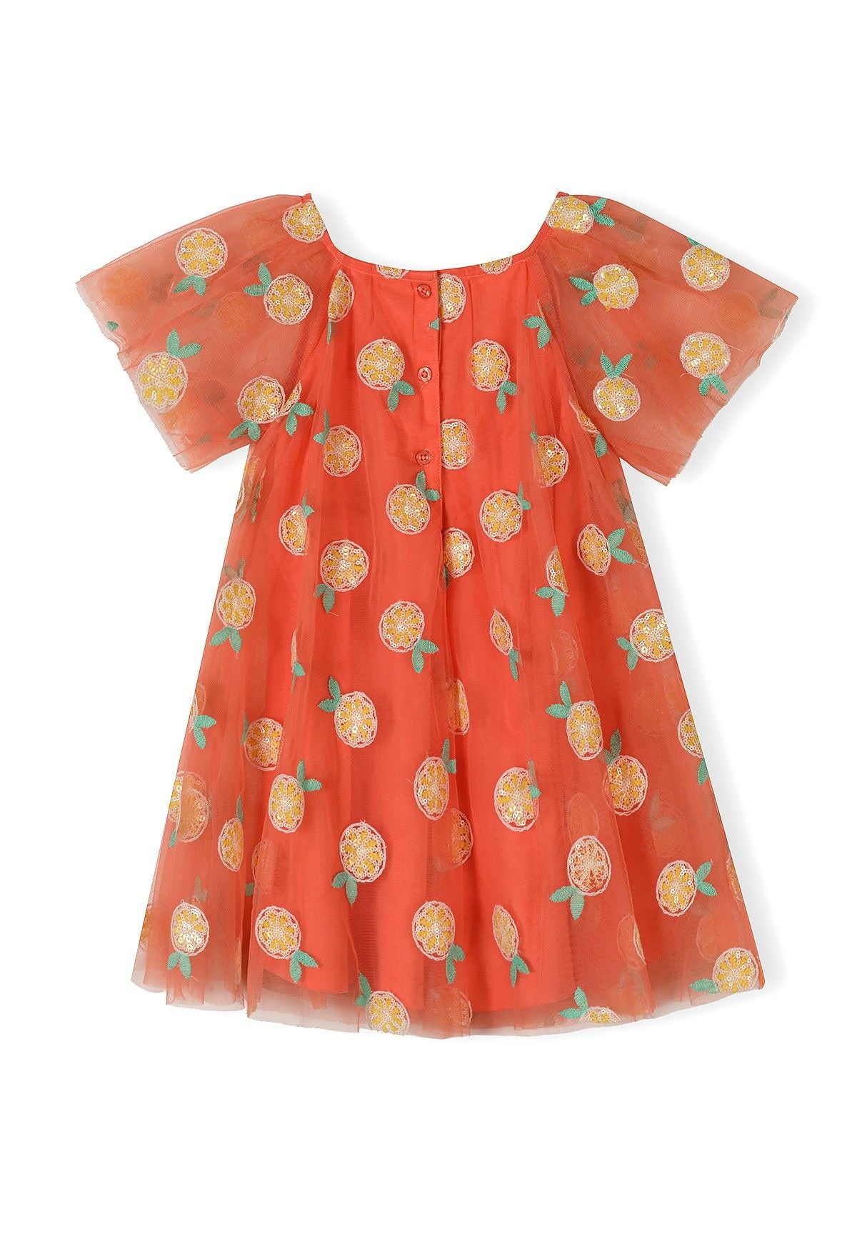 Orange tulle dress laid flat showing angel sleeves, sequin citrus print details, and full silhouette against white background