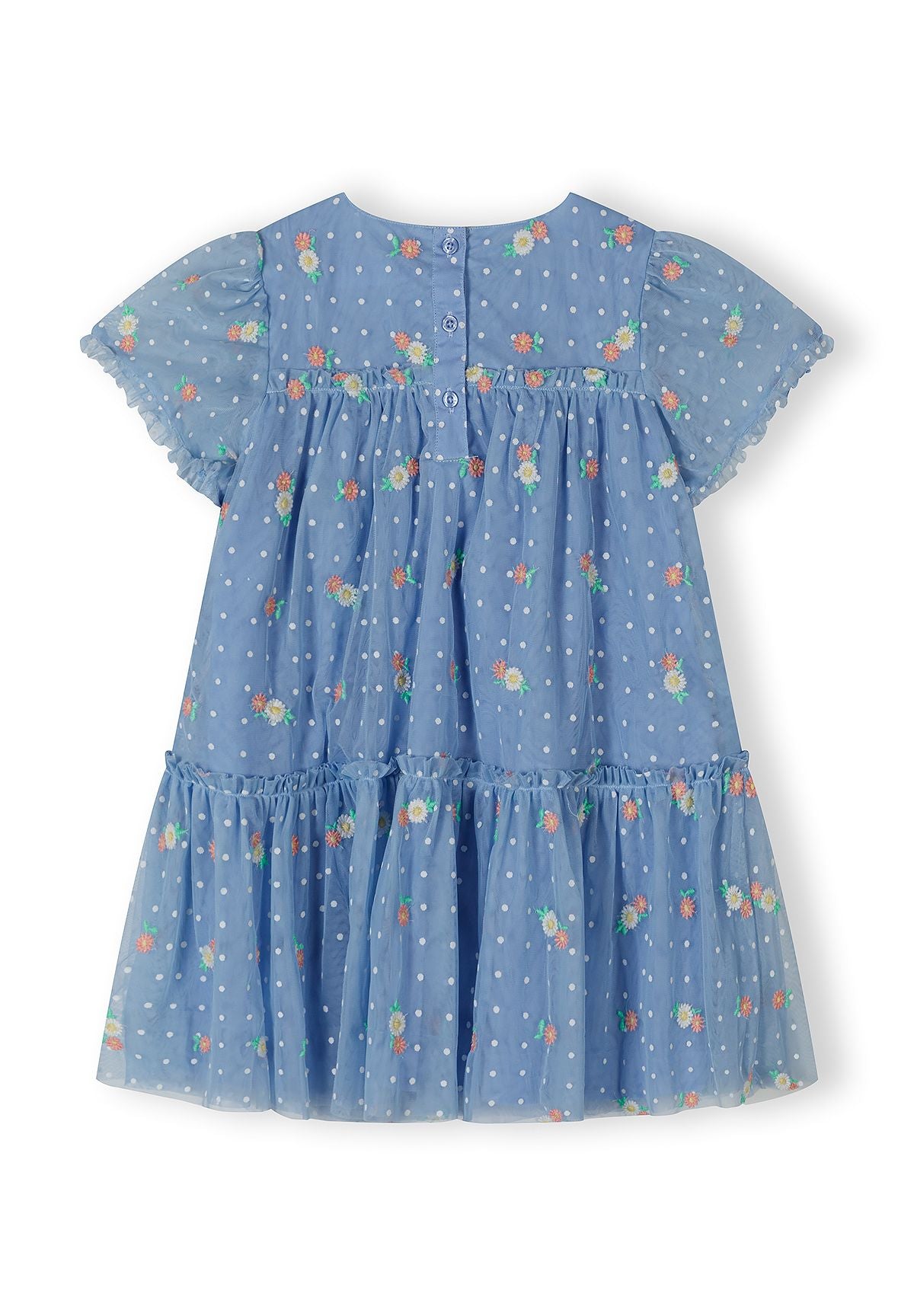 Back view of blue tulle dress showing button fastening, tiered layers and floral dot pattern on white background