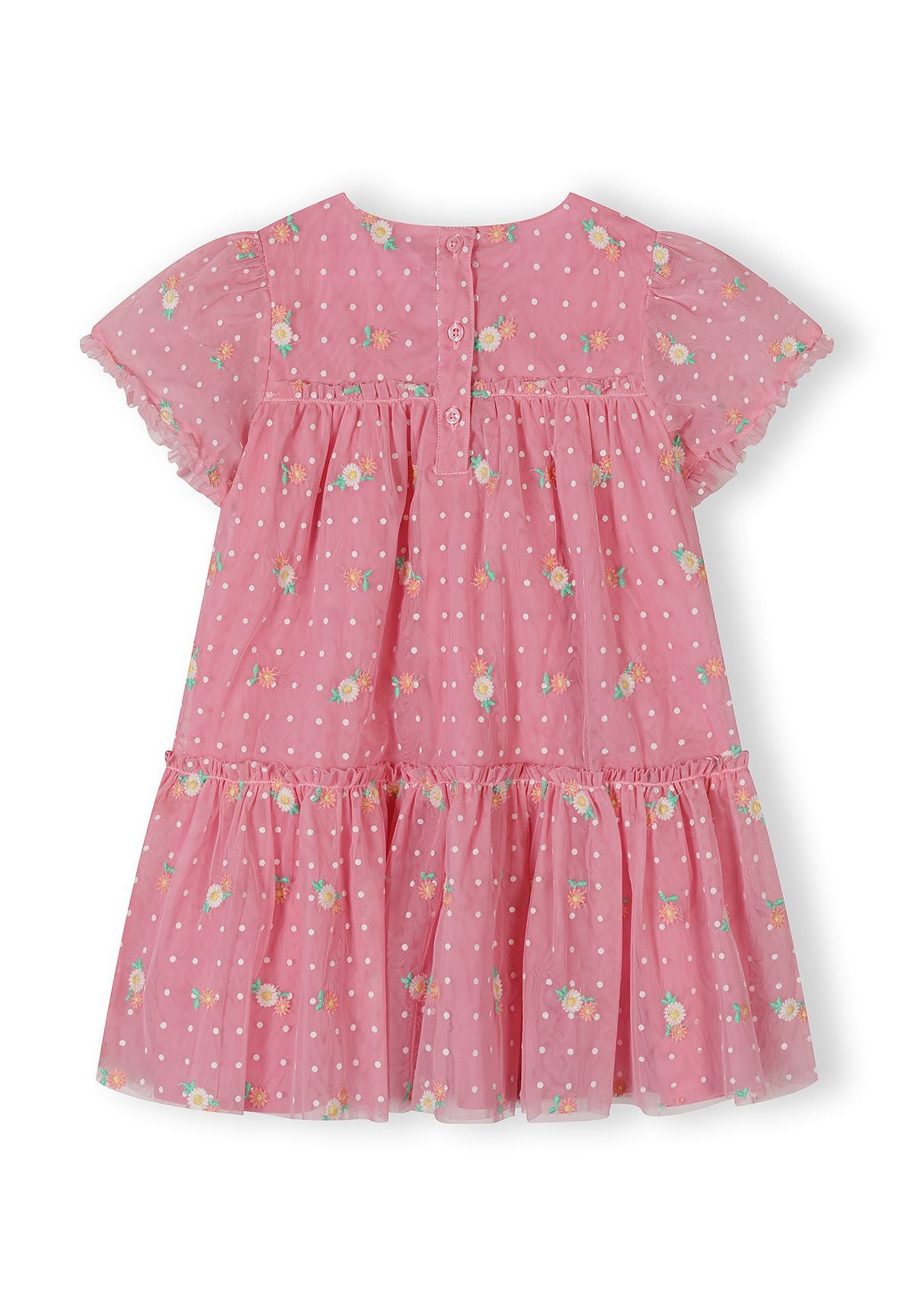 Back view of pink tulle dress showing button closure, floral embroidery details and tiered construction on white background