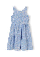 Blue floral sleeveless tiered dress for girls with an adjustable drawstring for a custom fit and unique design.