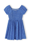 Girls blue floral dress, short sleeves, square neck, elastic back.