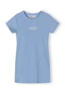 Light blue ribbed short sleeve dress for girls with minimalist text design and comfortable casual fit