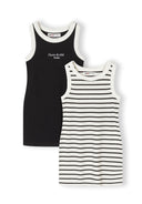 Girls sleeveless dress in black with white stripes, featuring a round neckline and ribbed texture.