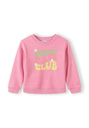 Pink girls sweatshirt with colorful "Sunny Days Club" text and small floral design on front