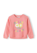 Pink kids sweatshirt with cheerful floral design and colorful "Hello Flower" text print on front