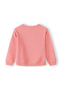 Back view of a coral pink girls sweatshirt with ribbed cuffs and hem, showcasing a simple, clean design.