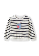 White and navy striped girls sweatshirt with playful apple juice carton design and ribbed cuffs and hem.