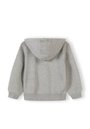 Back view of a simple grey hoodie for girls with a hood and ribbed cuffs and hem, showcasing its clean design.