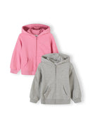 Two girls hoodies with zipper in pink and grey showcasing a simple and comfortable design for kids fashion.