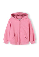 Pink zip-up hoodie with hood and front pockets, designed for kids with a simple and comfortable style.
