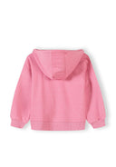 Back view of a soft pink girls hoodie with a hood and ribbed cuffs, showcasing simple and cozy kids fashion design.
