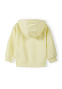 Back view of soft yellow hoodie for kids featuring a simple, cozy design with ribbed cuffs and hood.