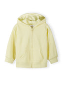 Soft yellow zip-up hoodie for girls with hood and front pockets, designed for comfort and style in kids fashion.