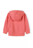 Back view of a coral-colored kids hoodie with a hood and ribbed cuffs, showcasing simple and comfortable design.