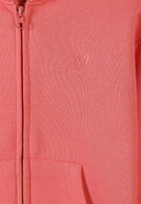 Close-up of coral-colored kids zip-up hoodie with subtle heart embroidery and pocket detail in soft fabric design