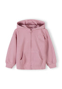 Pink zip-up hoodie for girls with hood and front pockets, featuring a subtle heart design on the chest.