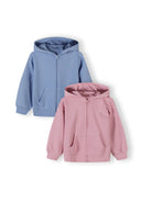 Two kids hoodies in pink and blue with front zip and subtle heart design, ideal for casual wear and layering.
