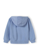 Back view of soft blue kids hoodie with hood and ribbed cuffs, designed for comfort and casual wear.
