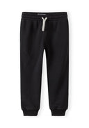 Black kids joggers with elastic waistband and drawstring, side pockets, and ribbed cuffs showcasing a comfortable design.