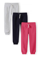 Set of three girls joggers in navy, pink, and grey with side pockets, elastic waistbands, and a comfortable design.